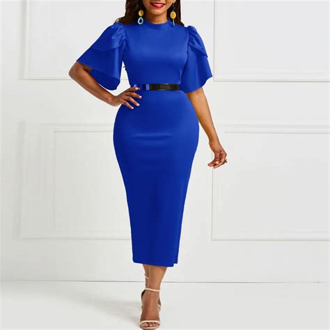 women bright yellow blue dress office lady fashion elegant bodycon ruffle work wear female sexy