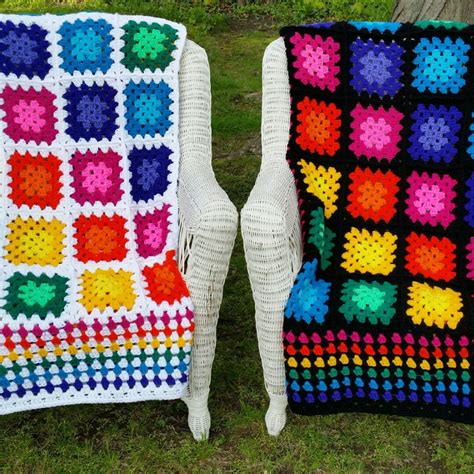 White And Multicolor Granny Square Throw Ready To Ship Etsy Crochet