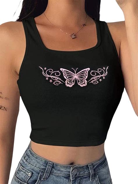 Women Butterfly Printed Crop Tank Tops Y2k E Girl Ribbed Knit Top Slim