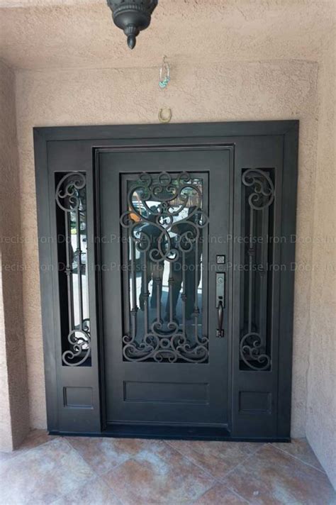 Ornate Wrought Iron Single Entry Door With Double Sidelights
