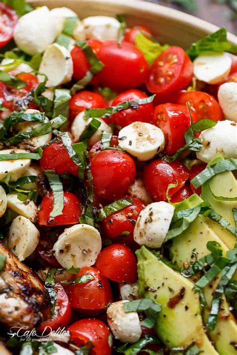 Serve on toast with optional topping of sriracha and cilantro. Chicken Avocado Caprese Salad - Cafe Delites