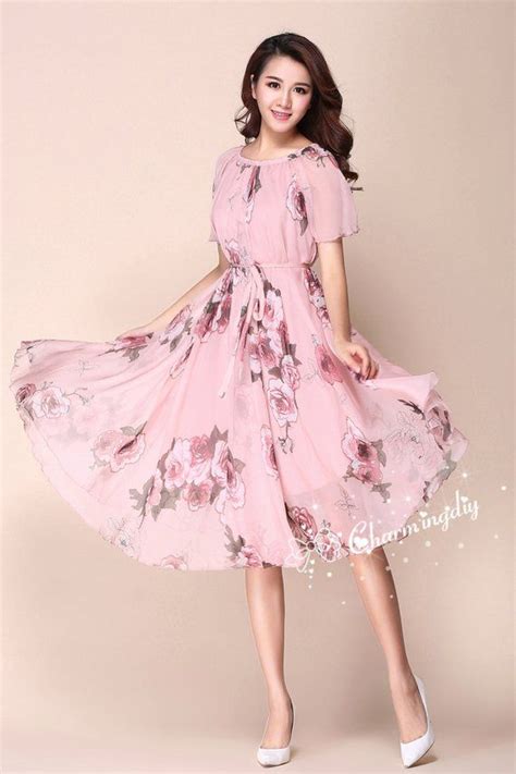 110 Colors Chiffon Pink Rose Flower Short Sleeve Knee Skirt Etsy