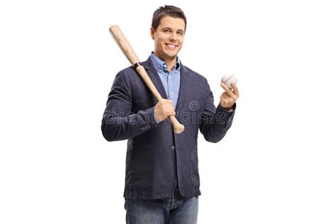 Elegant Guy Holding A Baseball Bat And A Ball Stock Photo Image Of