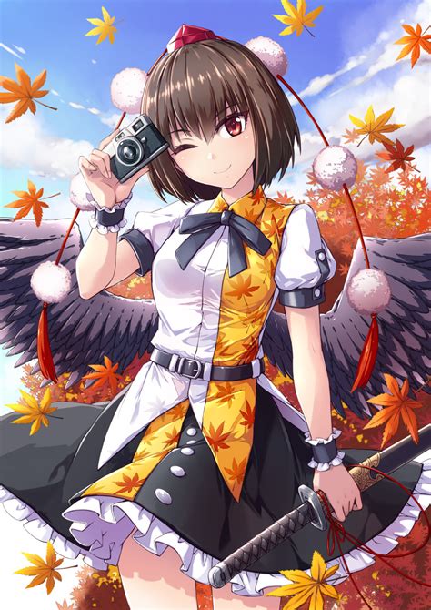 Safebooru 1girl Absurdres Autumn Leaves Bird Wings Black Bow Black Skirt Black Wings Blue Sky