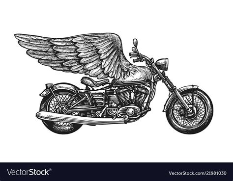 Motorcycle And Wings Sketch Vintage Vector Illustration Isolated On