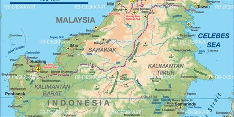 Map Of Borneo Island In Indonesia Malaysia Brunei With Cities