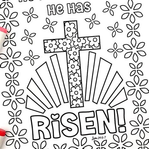 He Is Risen Coloring Page With Cross Christian Easter Etsy