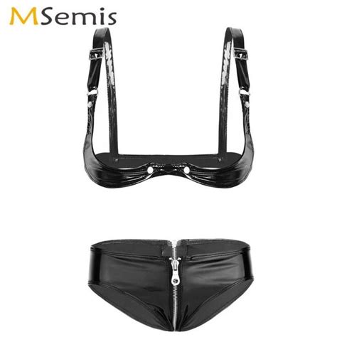 msemis women wet look leather underwear set erotic open shelf bra with zipper booty briefs sexy