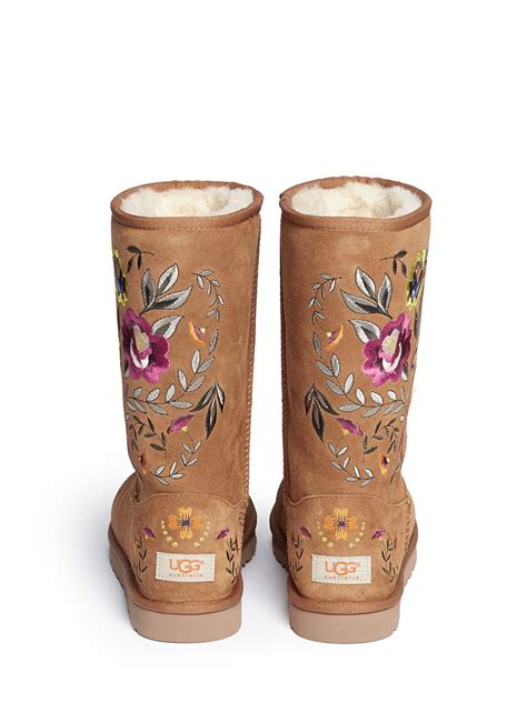 Ugg Australia Juliette Floral Embroidery Boots Brown Flat Boots