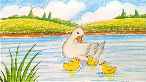 How To Draw Scenery Of Mother Duck And Little Ducklings Swimming In The