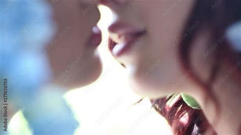 Two Girls Lesbians Kiss Close Up White Isolated Background Gentle