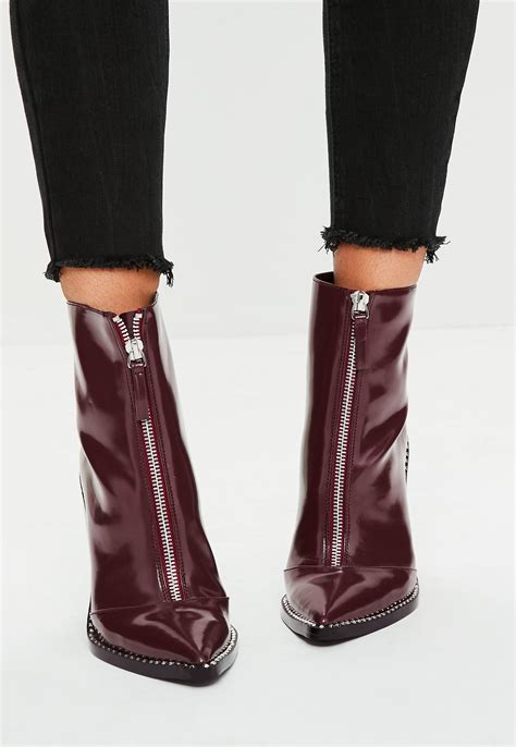 Missguided Burgundy Front Zip Pointed Ankle Boots In Purple Lyst