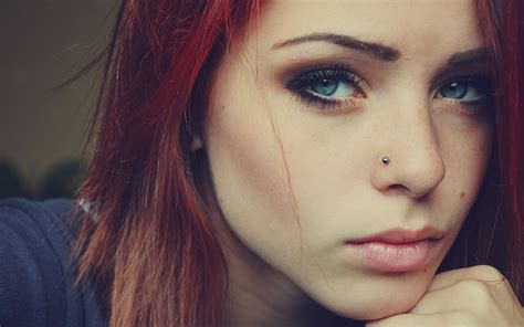 X Women Model Face Redhead Blue Eyes Pierced Nose Freckles Wallpaper Coolwallpapers Me