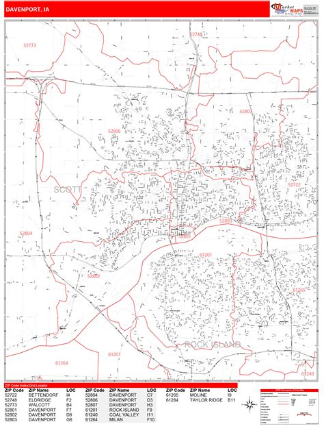 Davenport Iowa Zip Code Wall Map Red Line Style By Marketmaps Mapsales
