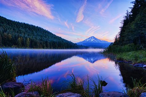 Wallpaper Usa Trillium Lake Oregon Nature Mountains Forests Evening