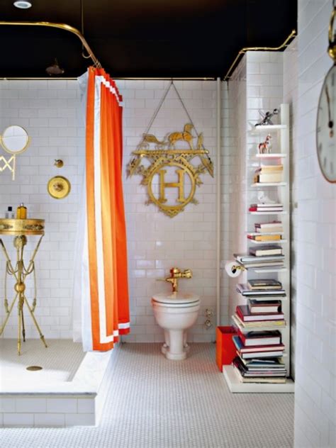 Orange shower curtains, window treatment ideas, small bathroom accessories, like floor rugs and towels, add soft and festive accents to neutral bathroom decor, creating simple and stylish decorating color schemes. 20 Fresh Orange Bathroom Ideas | HomeMydesign