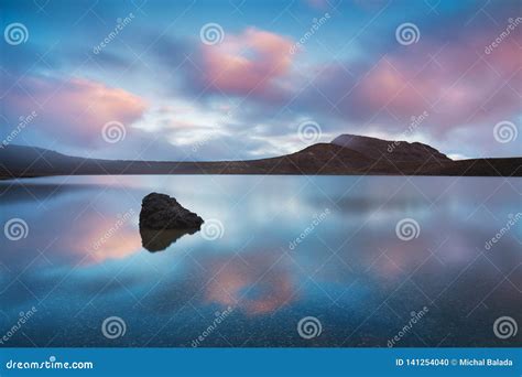 Early Morning Sunrise Landscape Scenery Of Blue Lake Wild Mountains