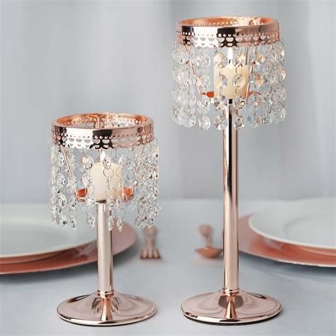 Eastland cylinder pillar candle holders 6 , 7.5 & 10.5 set of 3. 12" Blush | Rose Gold Crystal Beaded Chain Votive Tealight ...