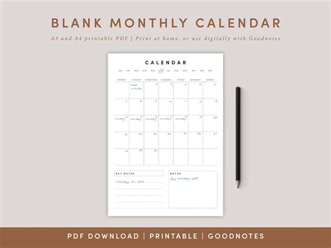 Blank Monthly Calendar Portrait Template Printable Calendar Etsy
