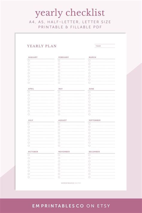 Yearly To Do List Yearly Checklist Yearly Tasks Yearly Etsy Singapore
