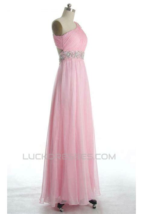 A Line One Shoulder Beaded Long Pink Chiffon Prom Evening Formal