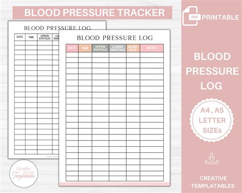 Blood Pressure Log Printable Blood Pressure Tracker Etsy