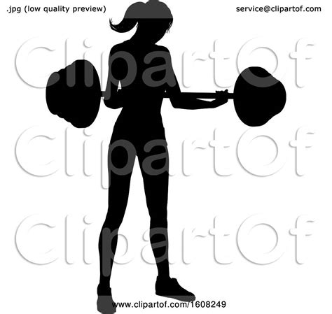 Clipart Of A Silhouetted Woman Working Out With A Barbell Royalty