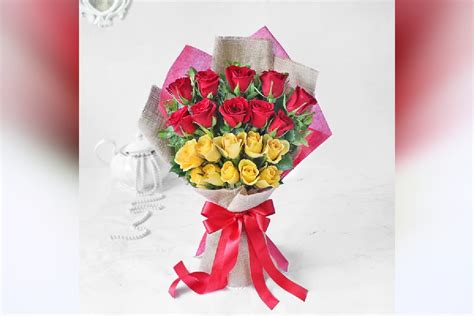 Send Red And Yellow Rose Bouquet With A Cute Teddy To Surprise Them