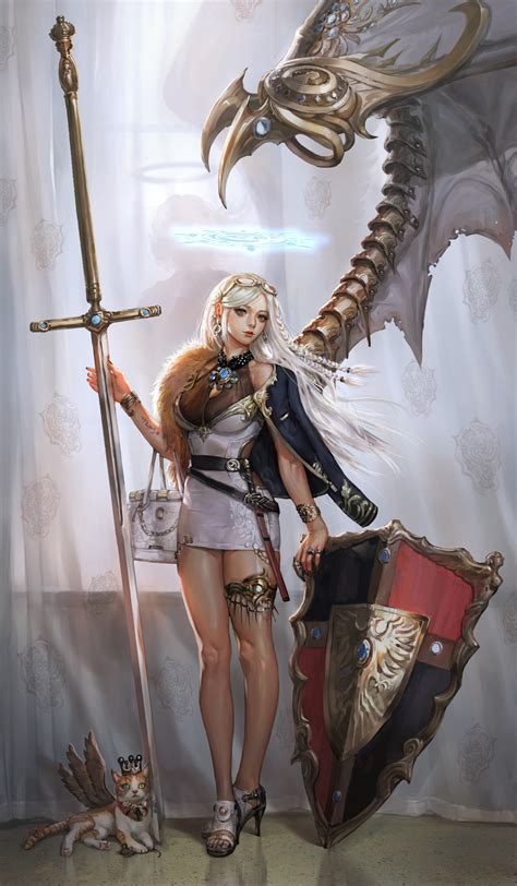 Wallpaper Digital Art Women Blonde Warrior Cat Sword Shield