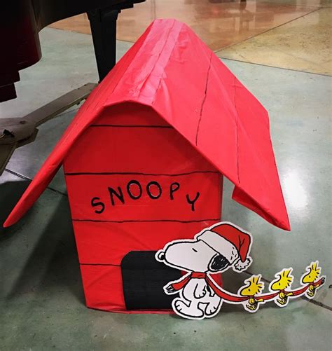 Snoopy House Made From 1 Cardboard Box And 2 Red Tablecloths From