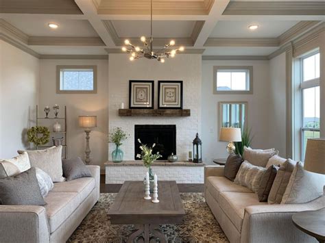 Stunning Neutral Living Room With Simple Fireplace And Coffered