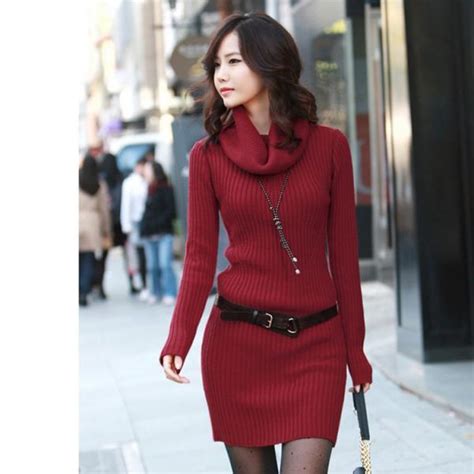 slim long sleeved turtleneck sweater knit dress red on luulla