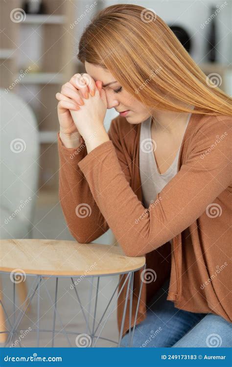 Side View Beautiful Young Woman Praying At Home Stock Image Image Of