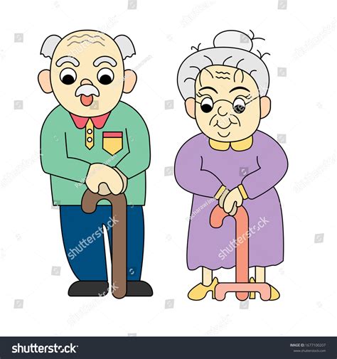 Grandfather Grandmother Crutches Elderly Old Senior Stock Vector