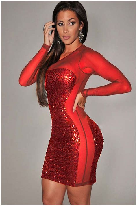 Womens Red Sequins Mesh Bodycon Clubwear Dress N10033