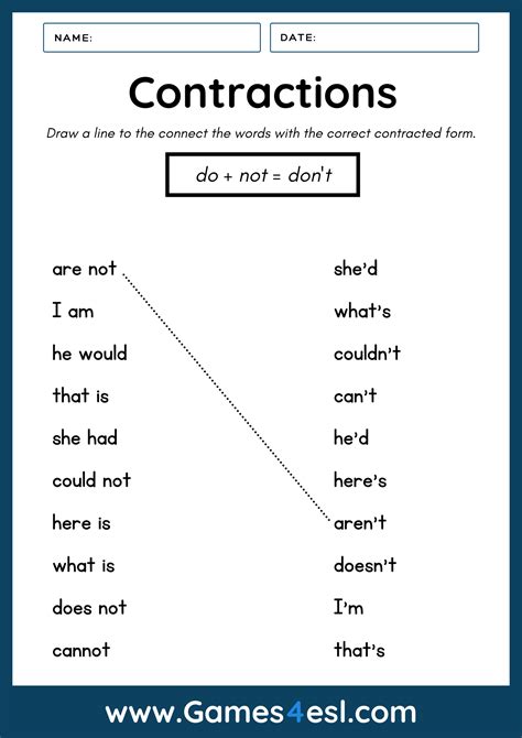 Free Contraction Worksheets Games4esl
