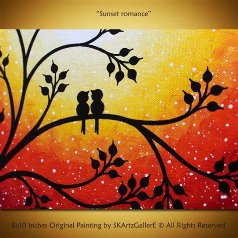 Love Birds Painting Original Sunset Art 8x10 Canvas Yellow Orange