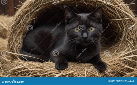 A Black Cat Laying In The Hay In A Basket Of Hay Stock Illustration