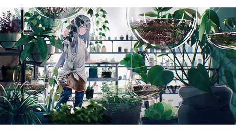 2024 Anime Girl Botanical Garden Working Green Eyes Plants Anime Hd