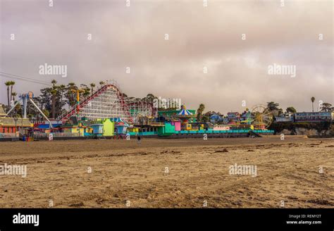 Santa Cruz Boardwalk Amusement Park Viewed From The Beach Stock Photo