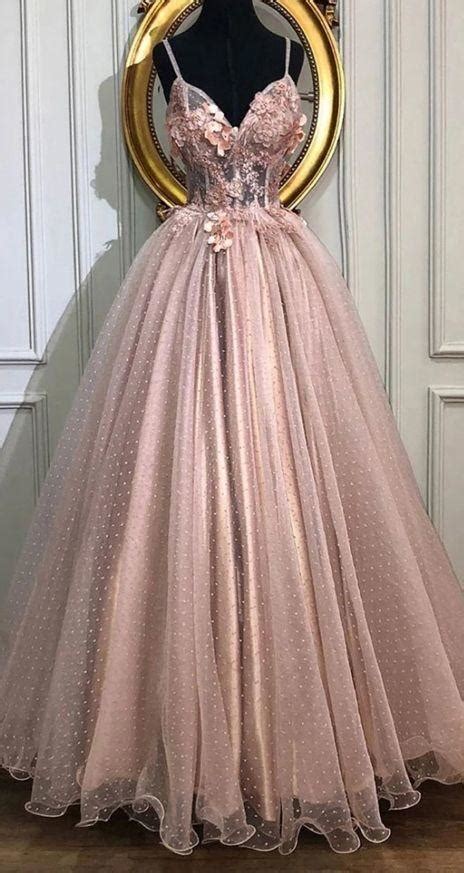 A Line V Neck Tulle Long Prom Dresses Pearl Pink Appliques Formal