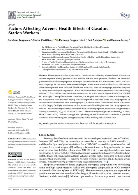Pdf Factors Affecting Adverse Health Effects Of Gasoline Station Workers