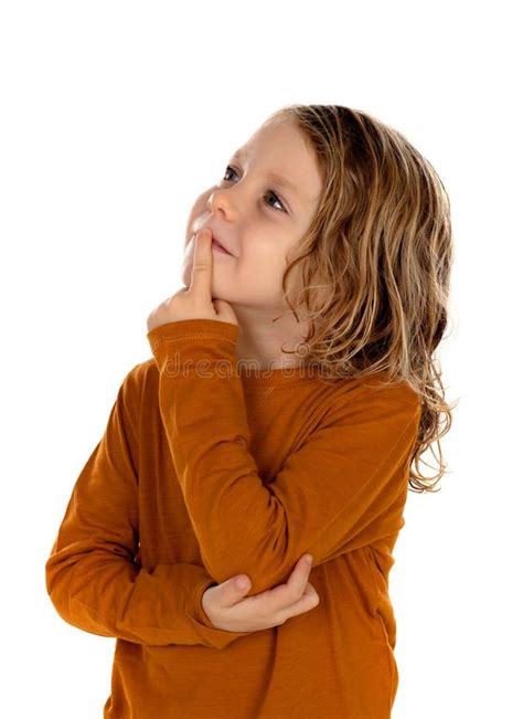 Small Blond Child Imagining Something Isolated On A White Background