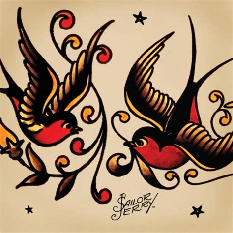 Traditional tattoos design ideas for men and women. Traditional red-and-black sparrow couple and swirly ...