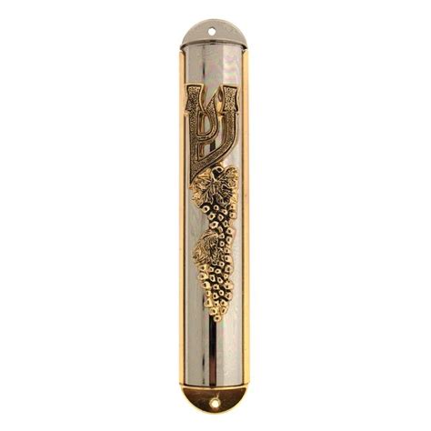 Metal Mezuzah Case With Shin And Grape Vines For 12cm Parchment Scroll