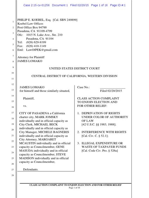 Federal Civil Rights Lawsuit Filed By James Lomako Vs City Of Pasadena