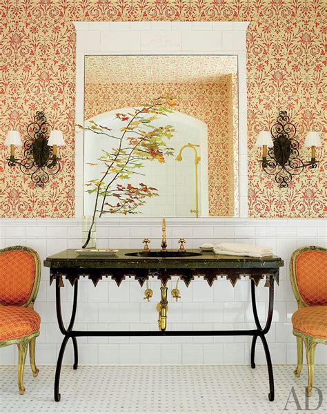 In A Virginia House A Bath Features Patterned Wallpaper By Peter