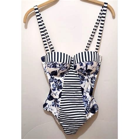 robyn crawley swim robyn lawley swimsuit navy white stripe and print underwire cups woman