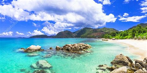 Beautiful Tropical Scenery Panoarmic Beach Mahe Island Seych Stock