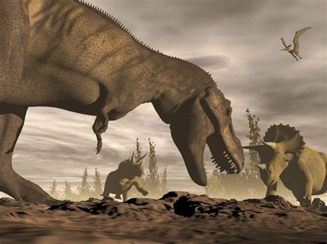 Tyrannosaurus Rex Roaring At Two Triceratops On Rocky Terrain Poster